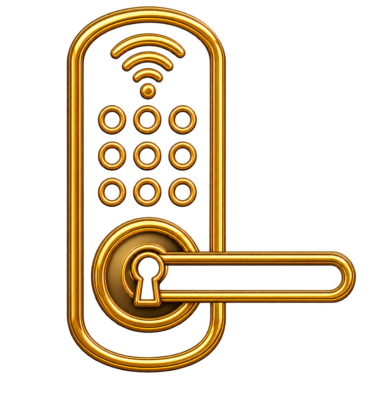 A digital rendering of a gold door lock with a keypad and a handle, with a red and yellow background.