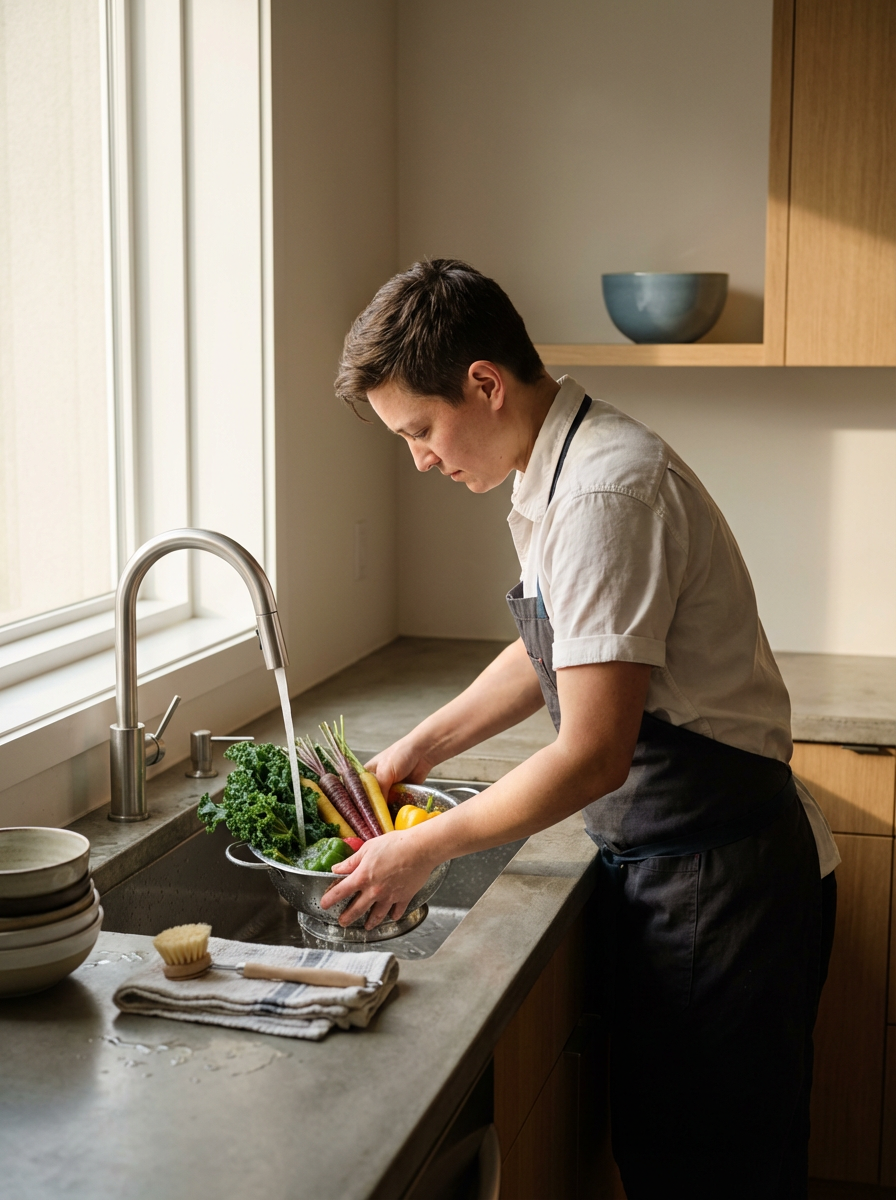 A person washing fresh vegetables in a kitchen sink near a window.