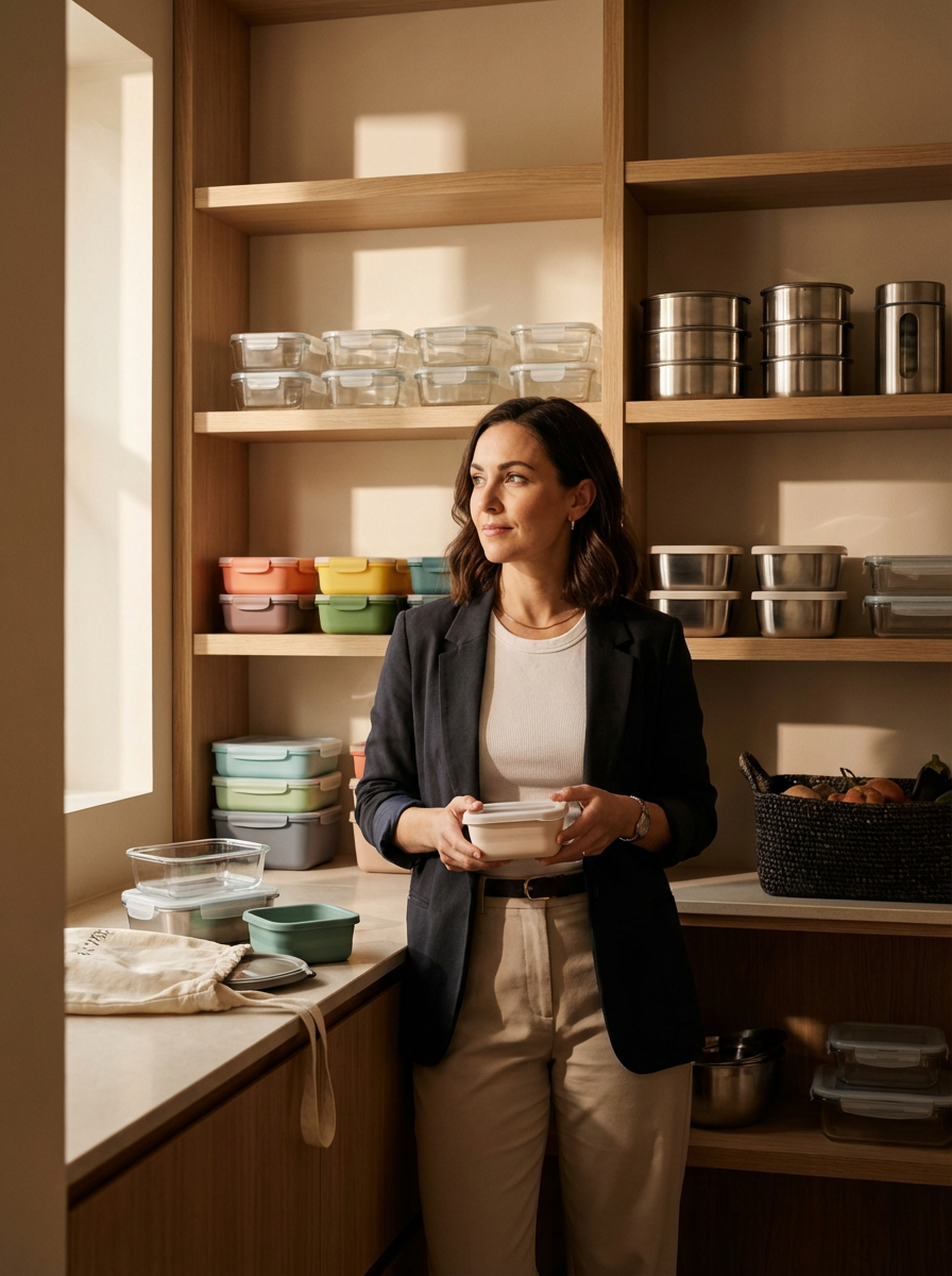 A woman standing in a kitchen pantry, holding a food container, surrounded by various storage containers on shelves and counter.