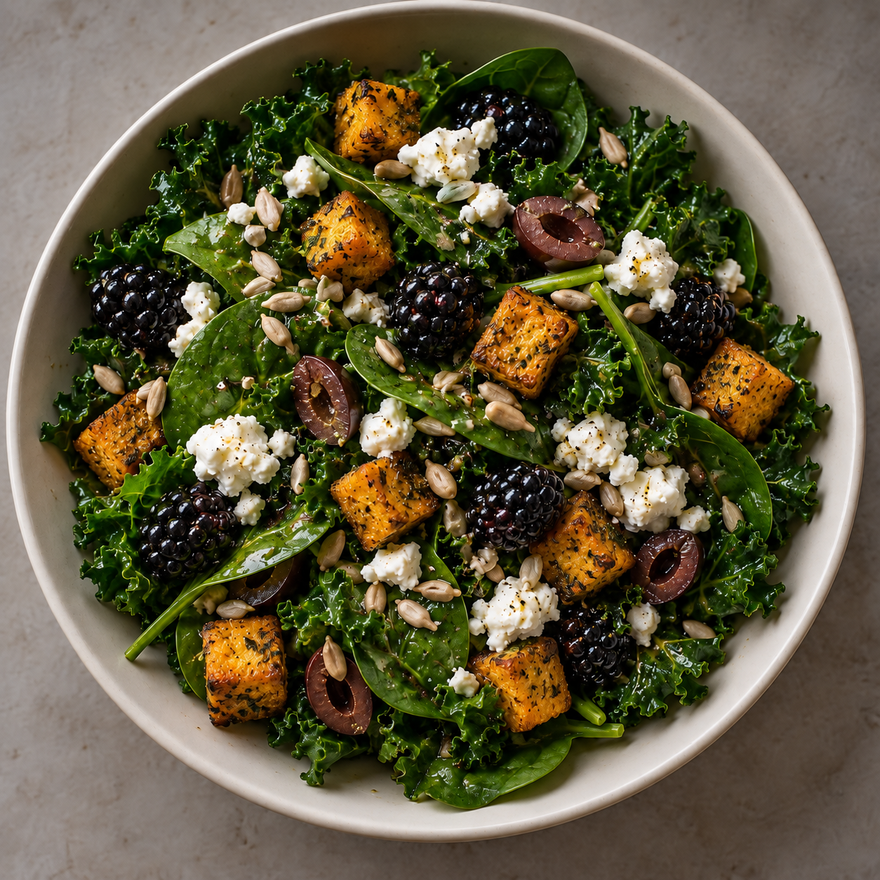 Kale Mediterranean Salad  with Pumpkin Croutons