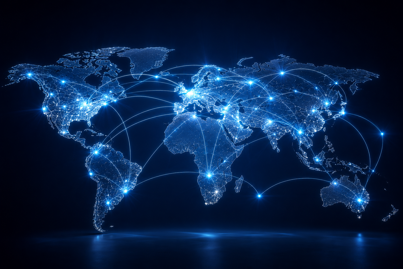 A digital map of the world with illuminated blue continents and connecting lines and points representing global connectivity.