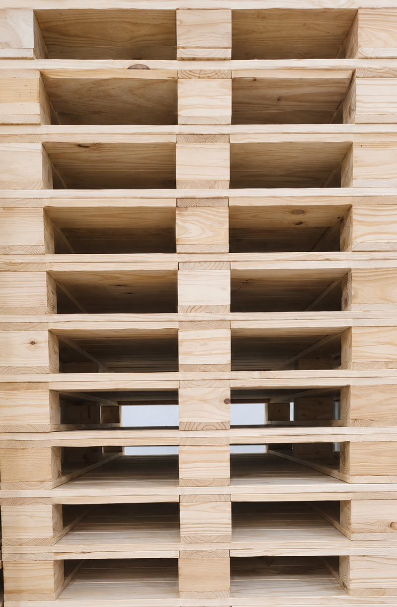Stacked unfinished wooden pallets with open slats.