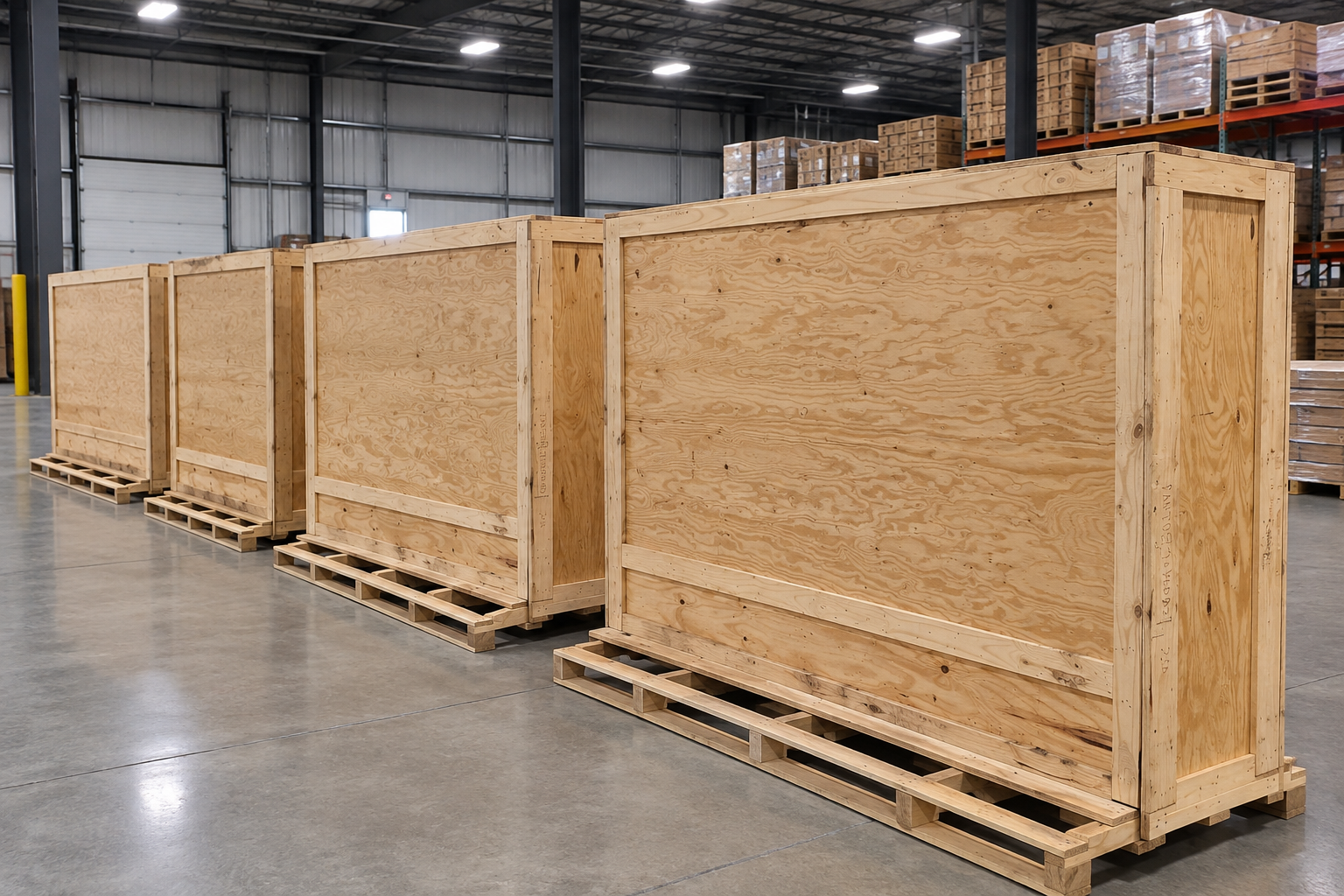 Large wooden crates on pallets inside a warehouse with metal walls and stacked boxes in the background.