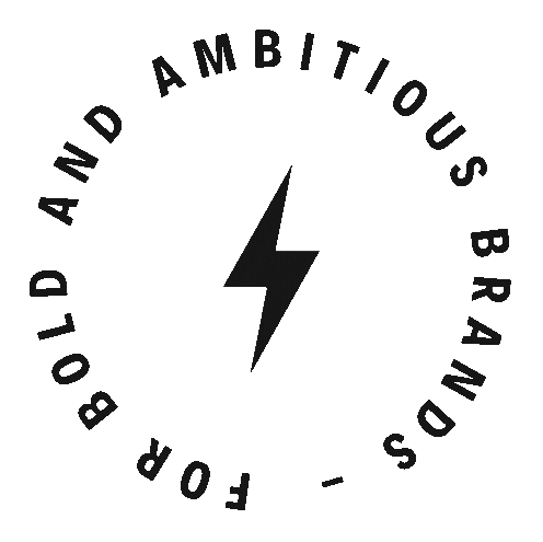 Black circular logo with a lightning bolt in the center, surrounded by the text 'BRANDUS AND AMBITIOUS HOLD AND BRANDS FOR'.