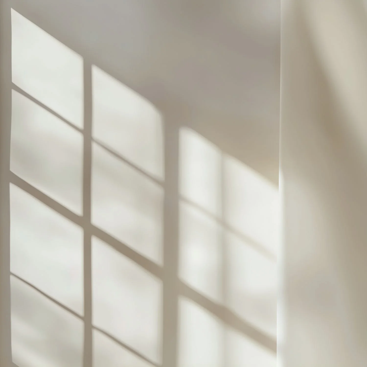 Sunlight passing through a window with blinds, casting shadows on a light-colored wall.
