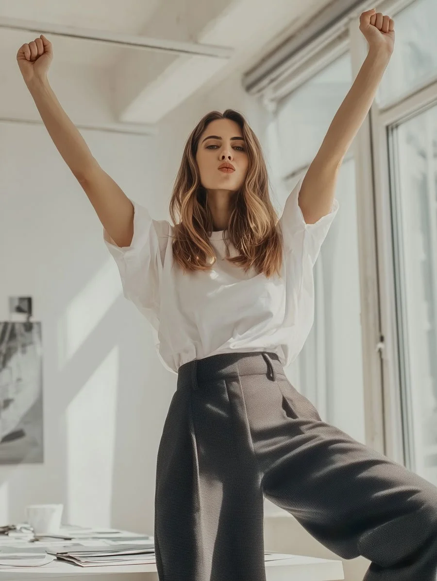Confident woman standing with arms raised in a bright office.