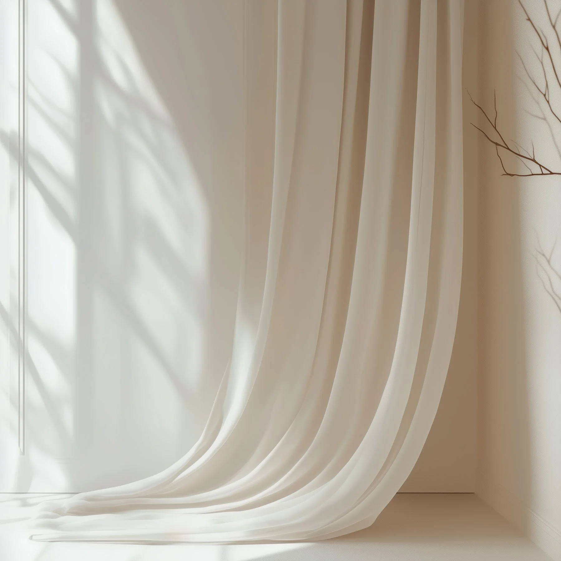 White window blinds with soft natural light casting shadows on the window