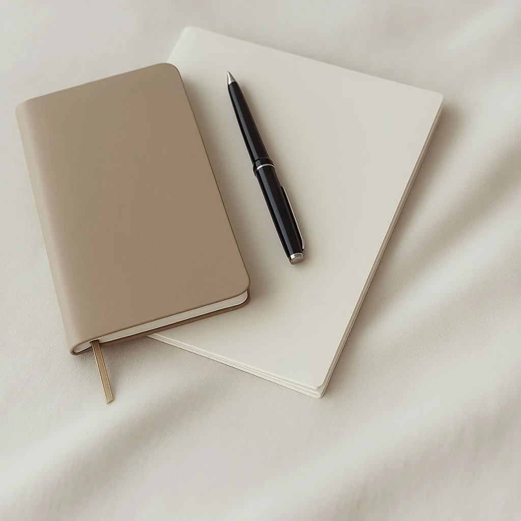 A beige notebook, a black pen, and a white notebook are placed on a soft, cream-colored surface.