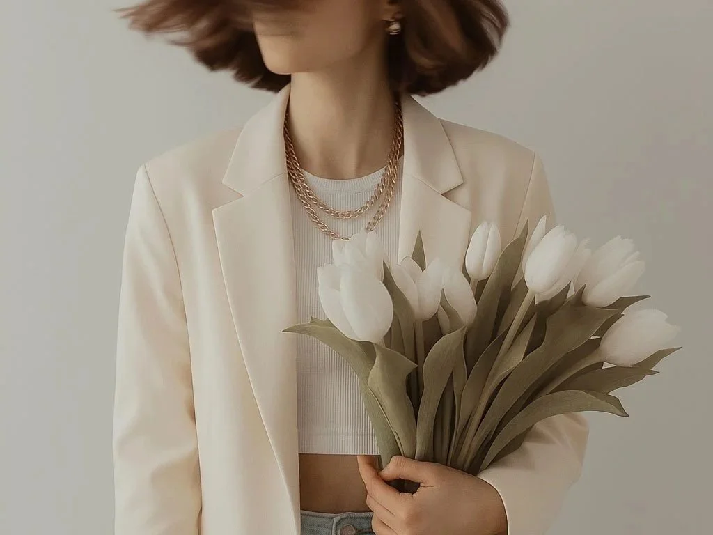 Woman with shoulder-length wavy hair wearing a white blazer and jewelry, holding a bouquet of white tulips.