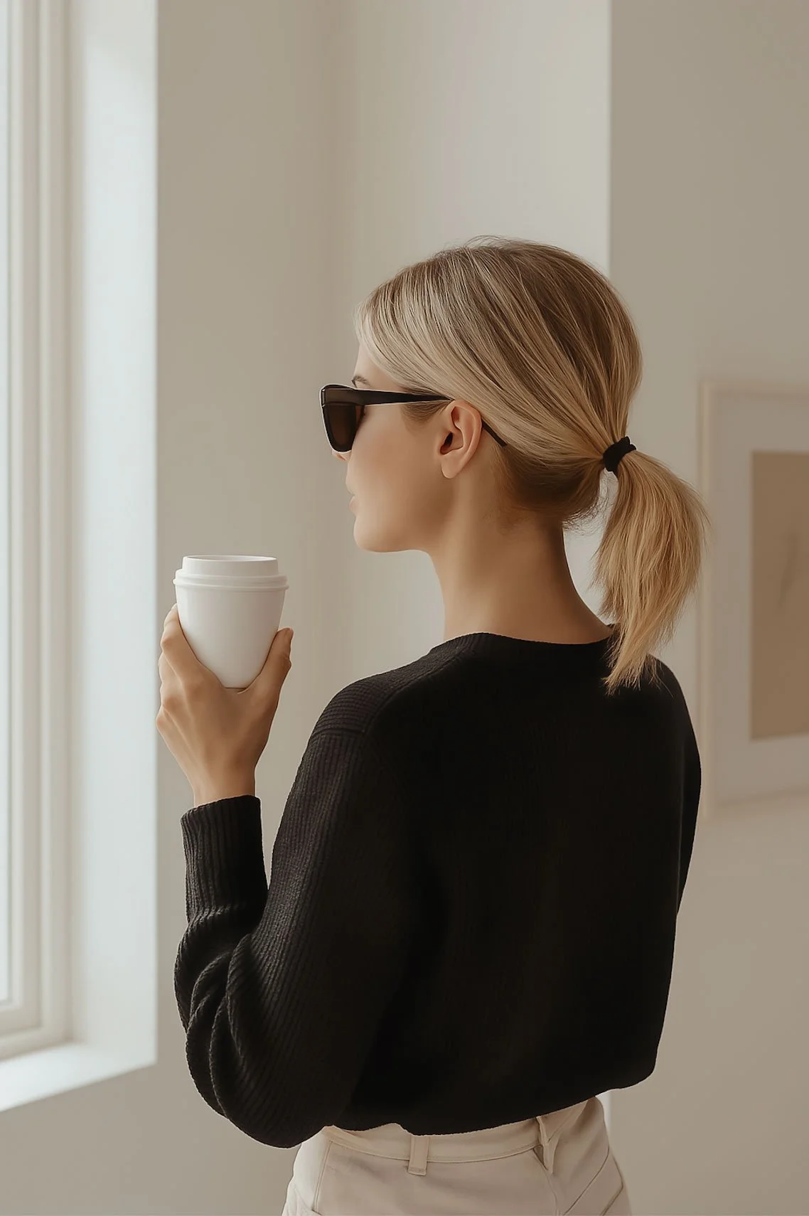 A woman with blonde hair tied in a ponytail, wearing black sunglasses and a black sweater, holding a white cup near a window, indoors.