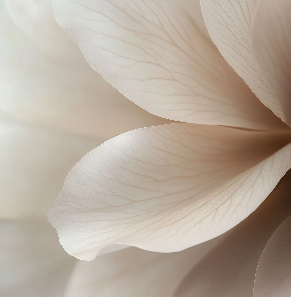 Close-up of soft, white, and pale pink petals of a flower with delicate vein details.