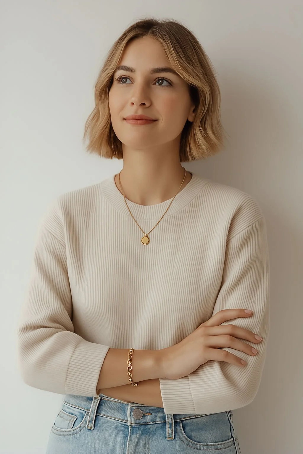 A young woman with short blonde hair wearing a cream-colored ribbed sweater, light jeans, a gold necklace and bracelet, standing with her arms crossed against a plain light background.