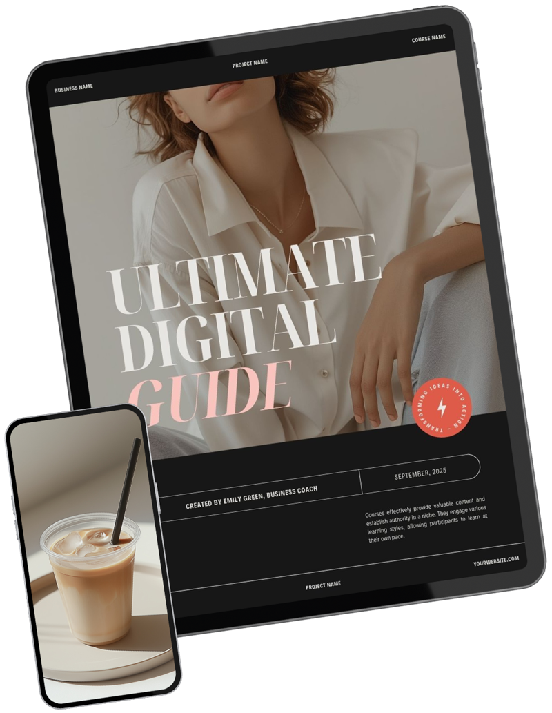 A tablet and a smartphone displaying digital guides and a beverage, with the tablet showing a woman with light brown hair in a light-colored shirt and the guide titled 'Ultimate Digital Guide' created by Emily Green, a business coach.