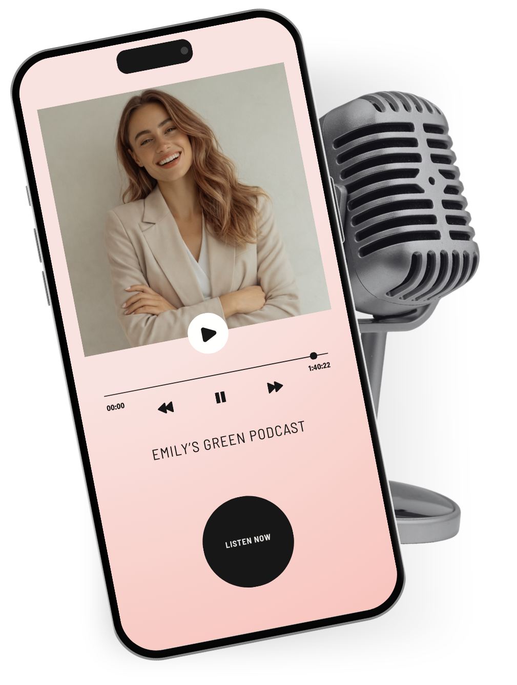 Smartphone displaying a podcast titled 'Emily's Green Podcast' with a smiling woman on the cover, placed next to a vintage microphone.
