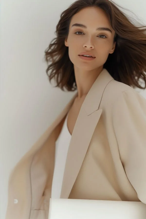 A young woman with shoulder-length brown hair and fair skin, wearing a light beige blazer over a white top, posing against a plain light background.