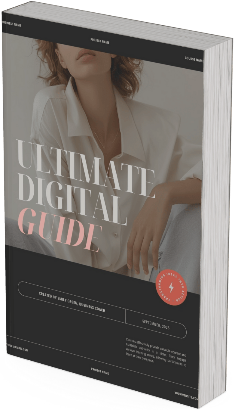 3D rendering of a digital guidebook titled "Ultimate Digital Guide" with a woman in a white shirt on the cover, featuring a black and pink color scheme and Lorem ipsum placeholder text.