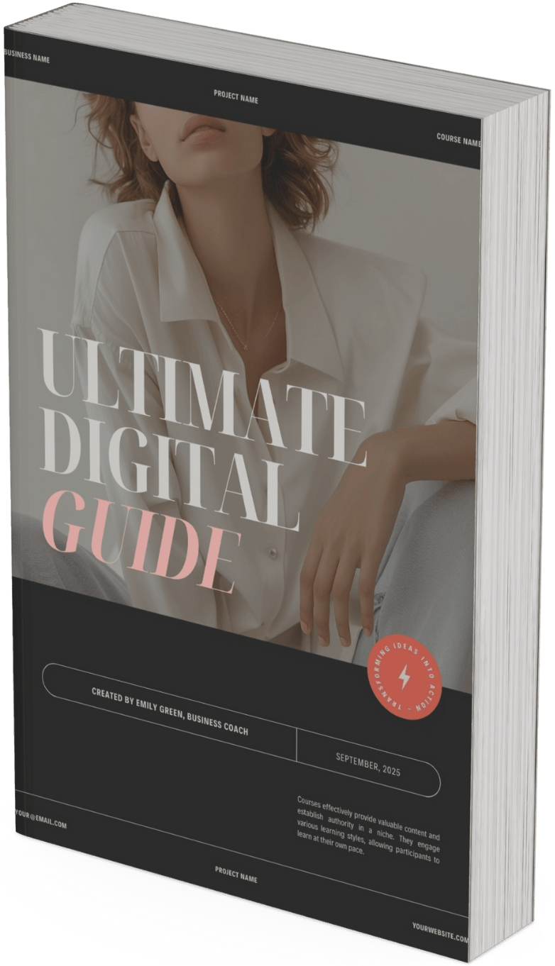 A 3D-rendered book cover titled "Ultimate Digital Guide" featuring a woman in a white shirt. The cover includes a black band at the top with placeholders for business, project, and course names, and a red icon with a lightning bolt and text around it. There is a black section at the bottom with creator information, date, and space for project and website details.