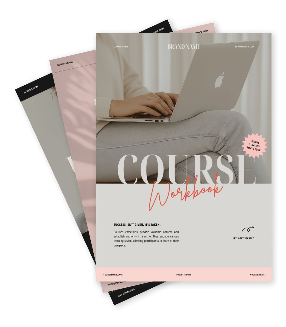 Design mockup of a course workbook with a person using a laptop on the cover. The cover features a soft color palette, text that reads 'Course Workbook,' and a small starburst with 'Where strategy meets edge.'