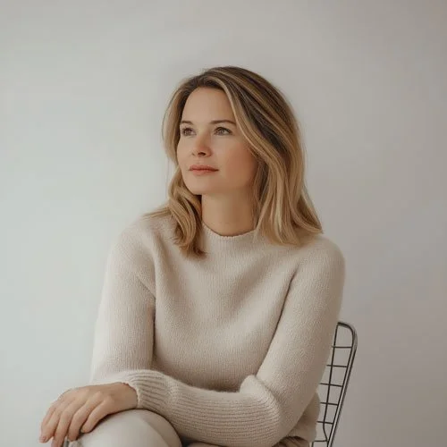 A young woman with shoulder-length blonde hair, wearing a beige sweater, sitting on a wire chair against a plain light gray background.