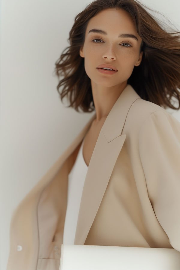 A woman with shoulder-length brown hair and fair skin, wearing a beige blazer over a white top, posing against a plain white background.