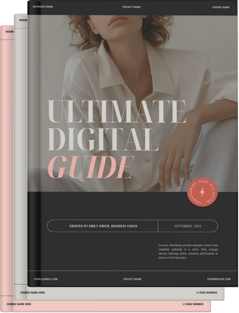 Cover page of a digital guide titled 'Ultimate Digital Guide' with a photo of a woman in a white shirt on the front. The guide is created by Emily Green, a business coach, and is dated September 2025.