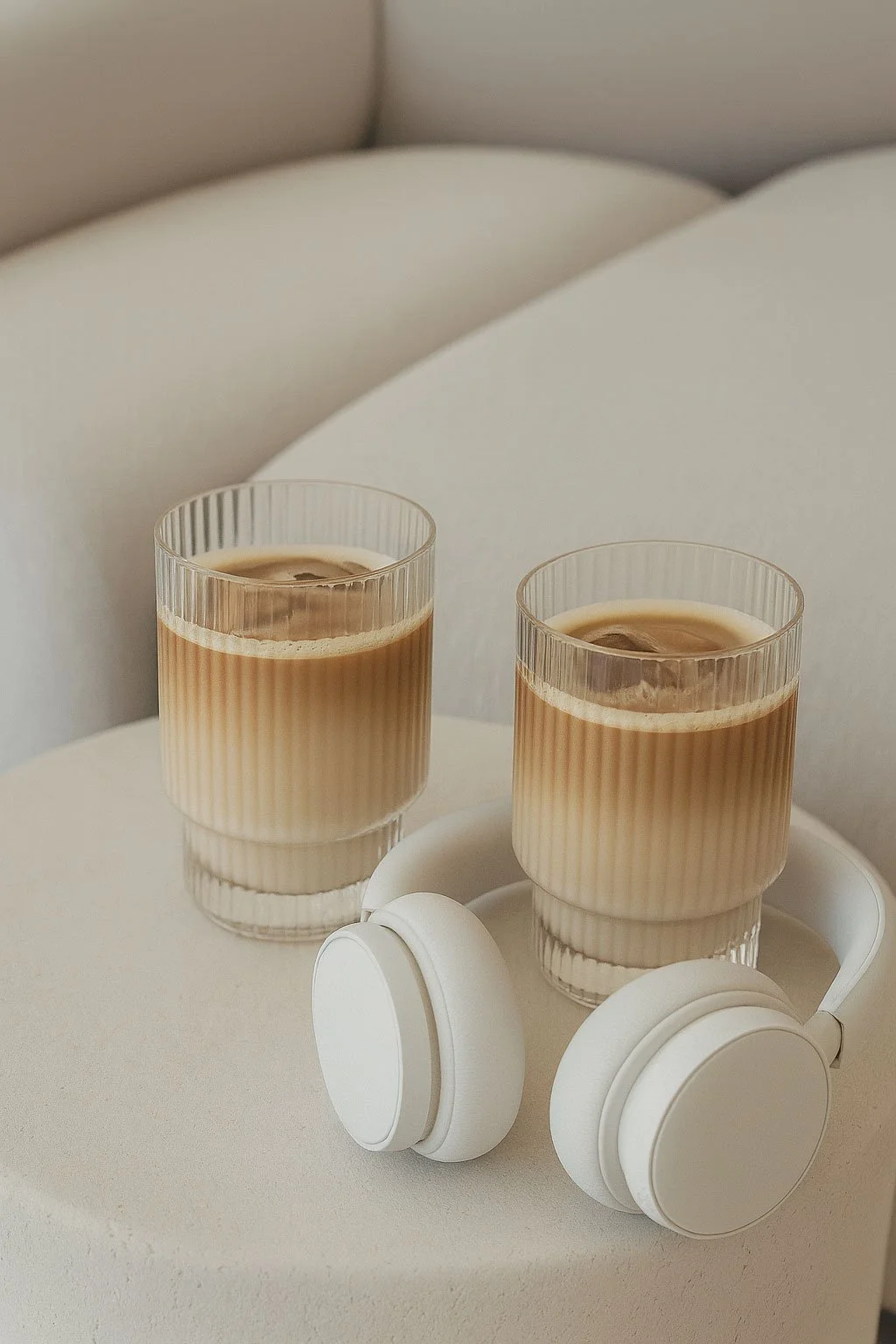 Two glasses of iced coffee with cream on a white table, accompanied by white headphones, with a neutral beige sofa in the background.
