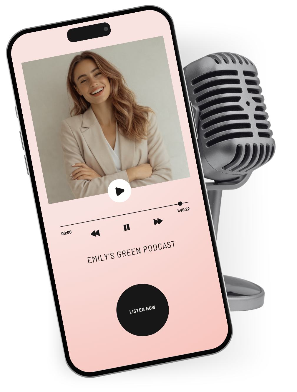 A smartphone displaying a podcast titled "Emily's Green Podcast" featuring a smiling woman with long wavy hair wearing a beige blazer, with a vintage microphone placed next to the phone.