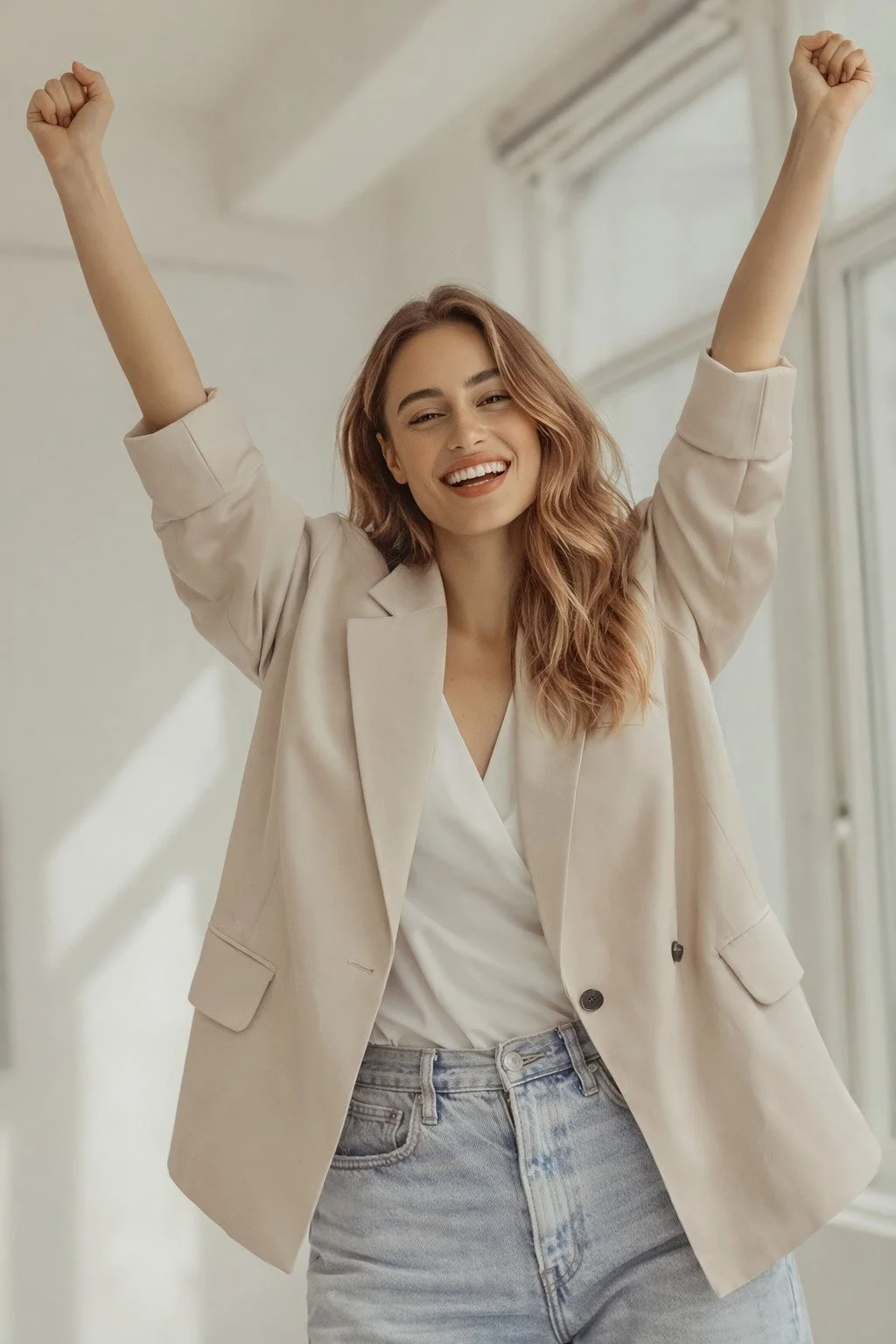 A young woman with long wavy hair wearing a beige blazer, a white top, and light blue jeans, smiling and raising her arms in celebration indoors near a large window.