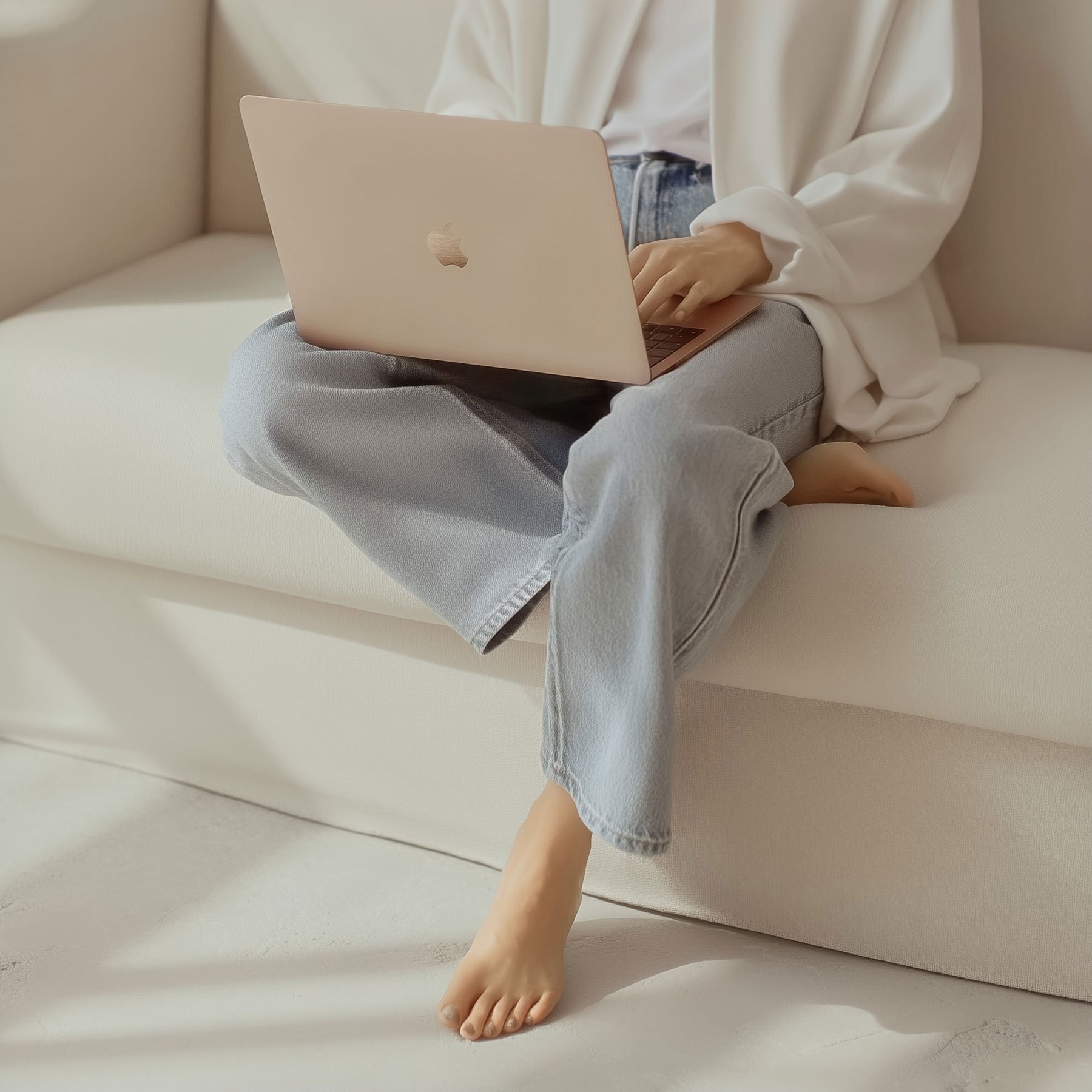 Person sitting on a white sofa using a rose gold MacBook, wearing a white long-sleeve shirt and light gray sweatpants, with their legs crossed and one foot resting on the sofa.