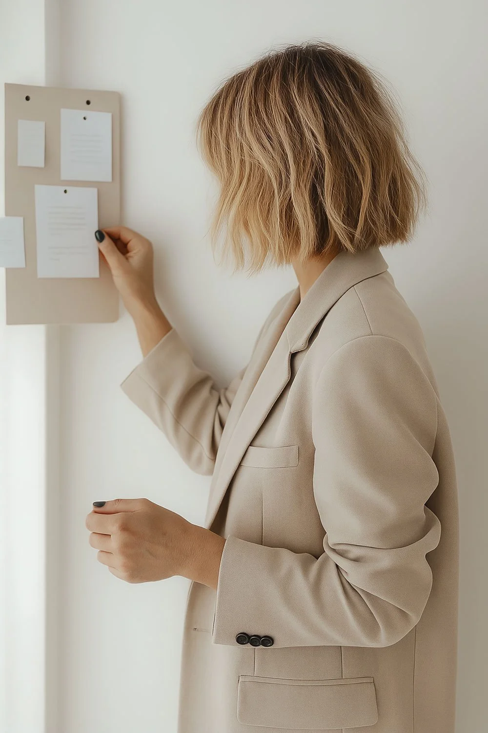 A woman with short, wavy blonde hair wearing a beige blazer, standing in front of a white wall with a bulletin board, pinning or arranging papers.