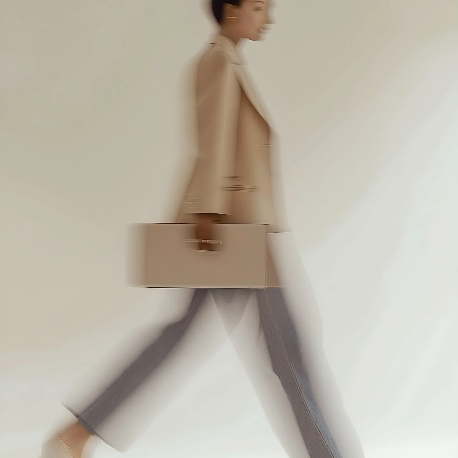 A person walking with a beige handbag, wearing gray pants and beige shoes, against a plain white background.