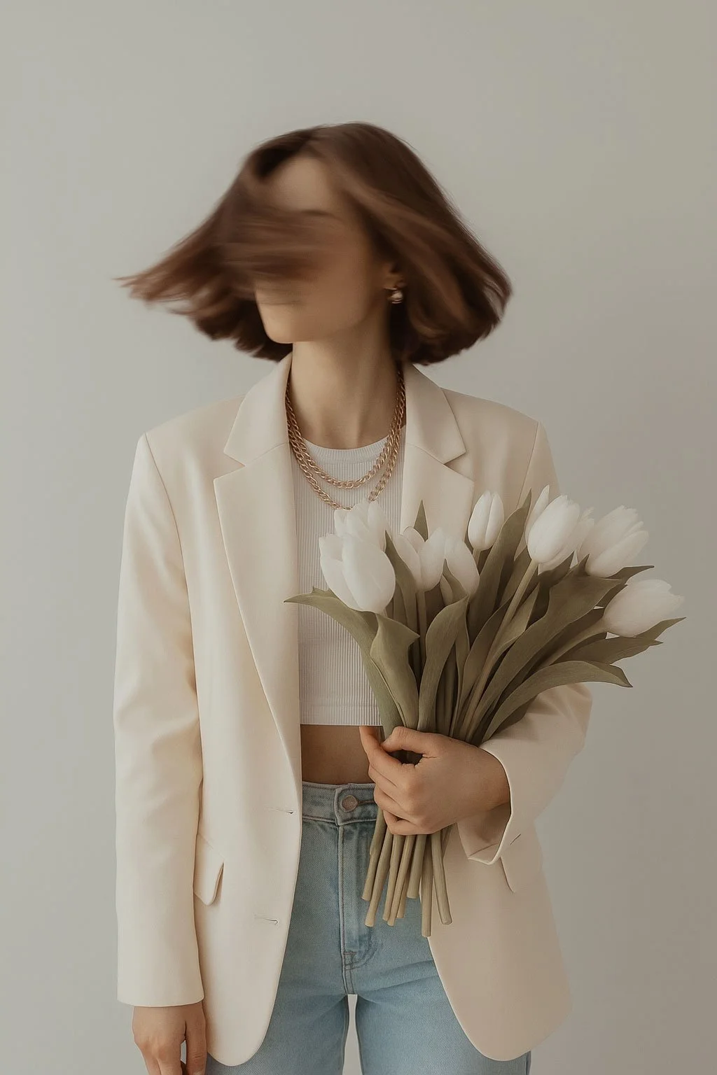 A woman in a beige blazer and jeans holding a bouquet of white tulips, with her hair in motion obscuring her face.
