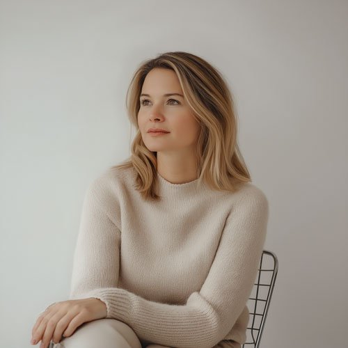 A woman with shoulder-length blonde hair wearing a cream sweater, sitting on a wire chair and looking to the side against a plain light background.