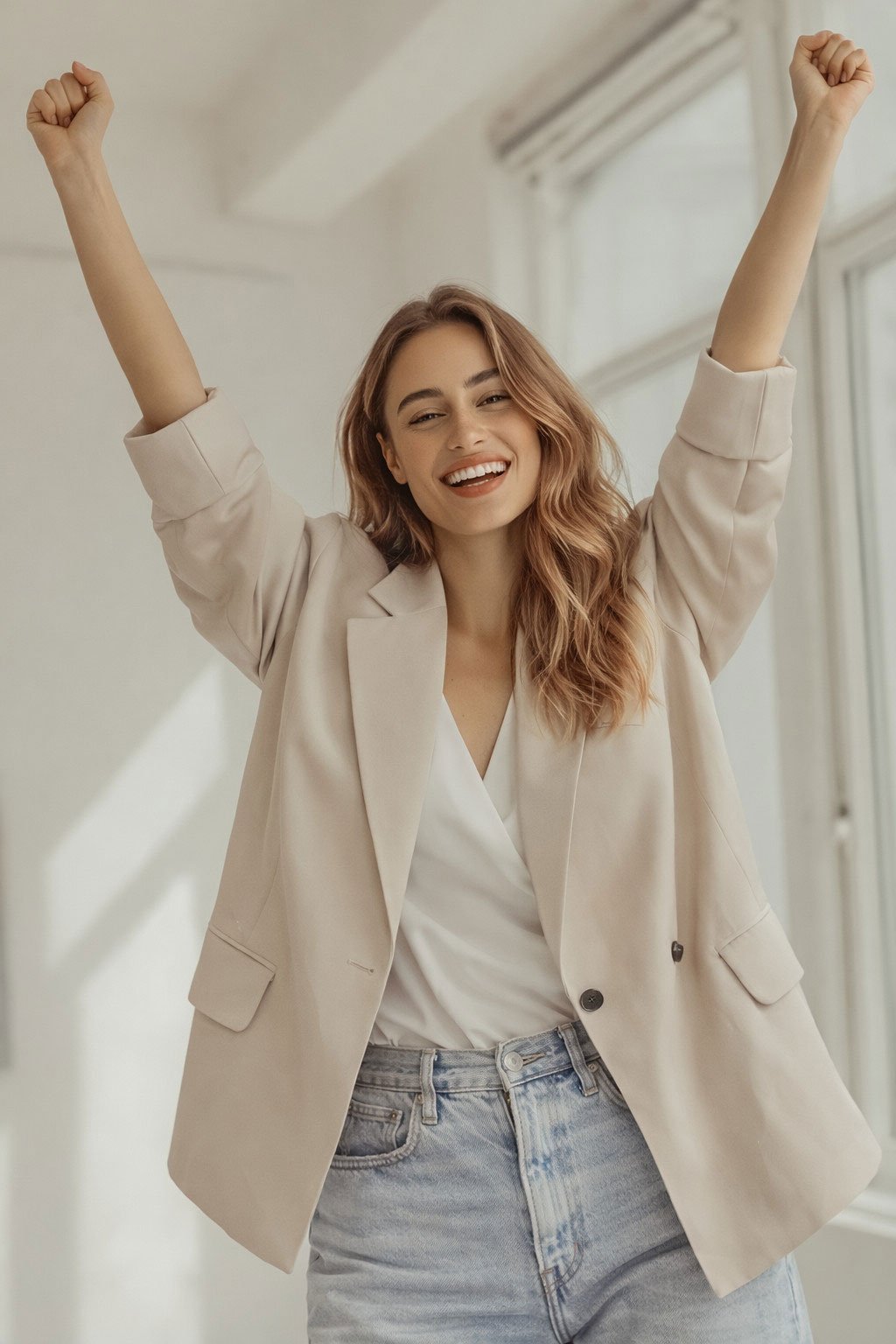 A young woman with wavy, shoulder-length hair, smiling and raising her fists in a gesture of celebration, standing in a bright room with large windows.