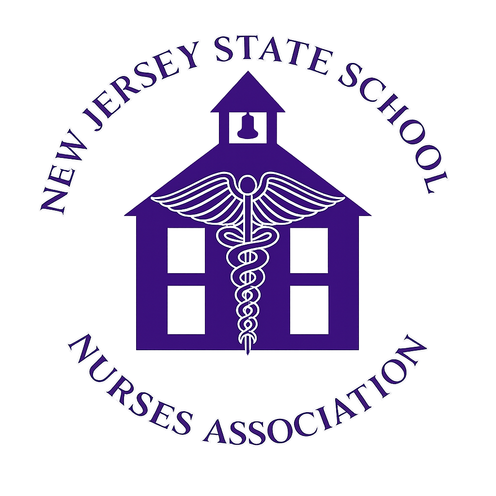 Logo of the New Jersey State School Nurses Association featuring a schoolhouse silhouette with a caduceus symbol in front of it.