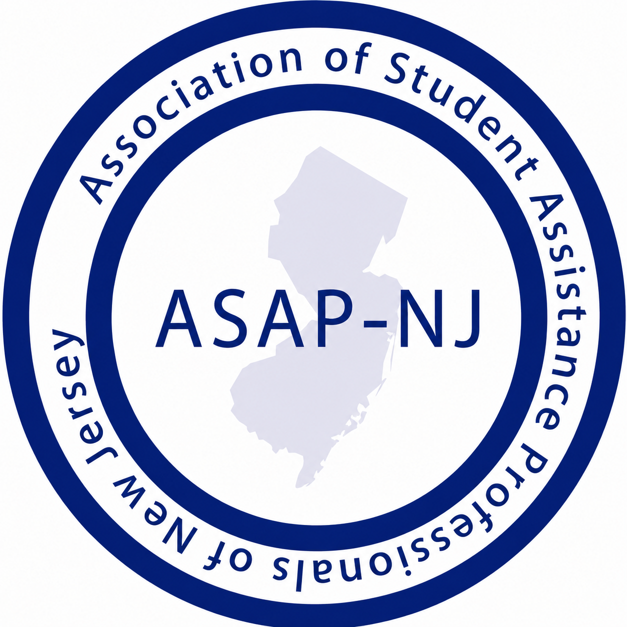 Seal of the New Jersey Association of Student Assistance Professionals with a circular blue border, the organization's name around the edge, and a light blue silhouette of the state of New Jersey in the center with the text 'ASAP-NJ' over it.