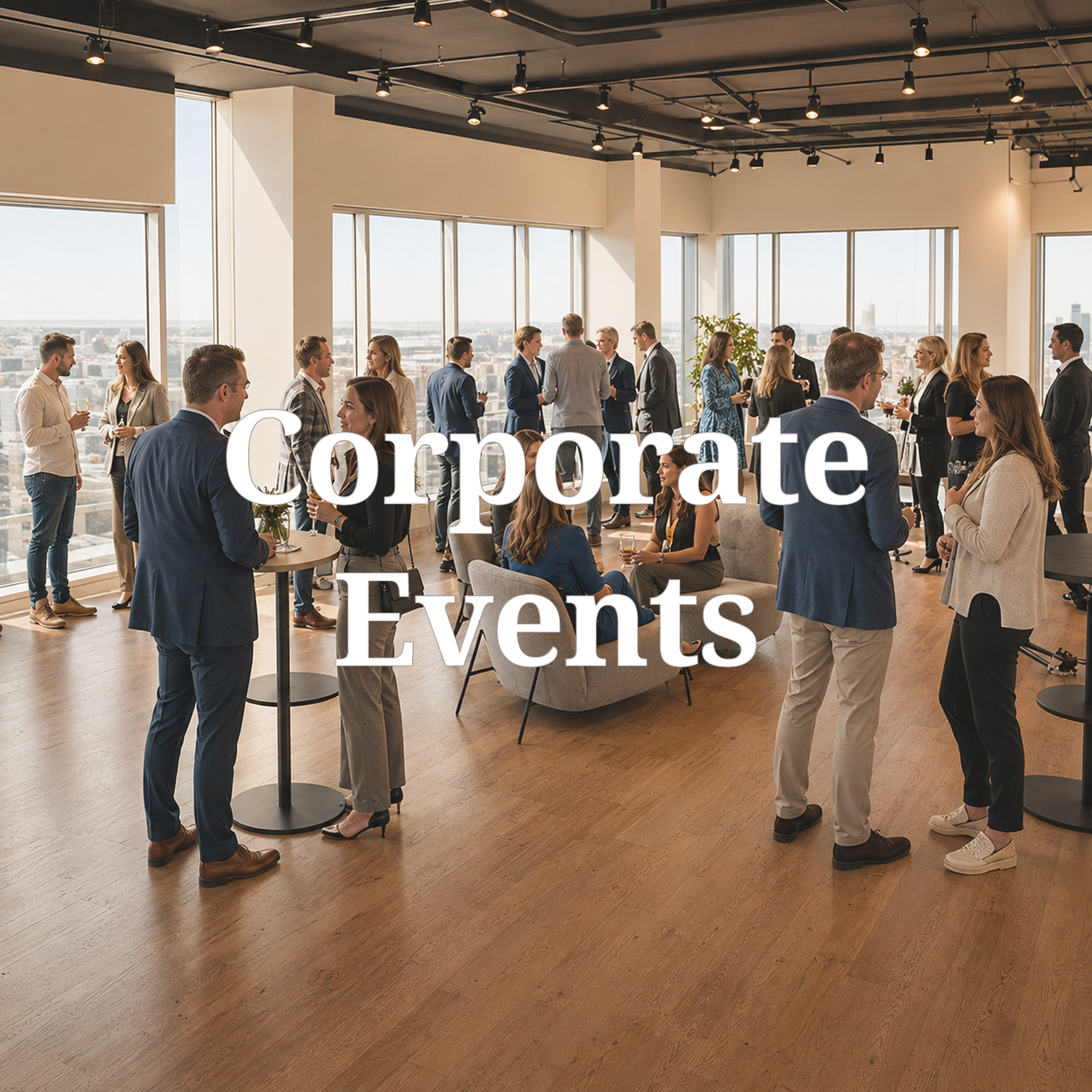 A group of professionally dressed men and women socializing at a corporate event in a high-rise office with large windows and a city view, some holding drinks, engaging in conversations.
