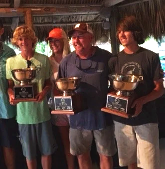 Four young men and one middle-aged man holding trophies in a thatched-roof outdoor setting, likely at an awards event or competition.