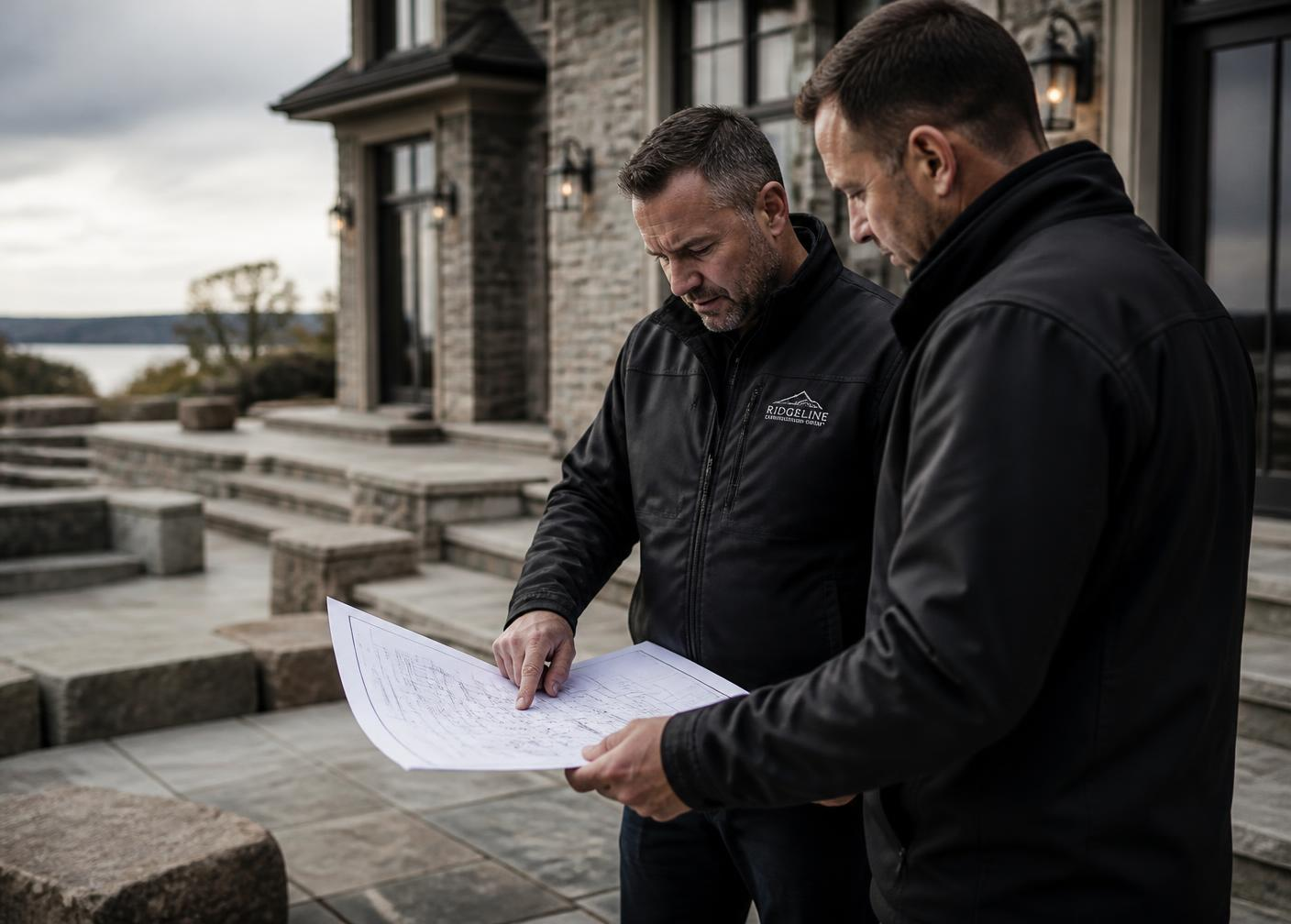 Two men in black jackets reviewing blueprints outside a stone building with stairs, overlooking a body of water under a cloudy sky.