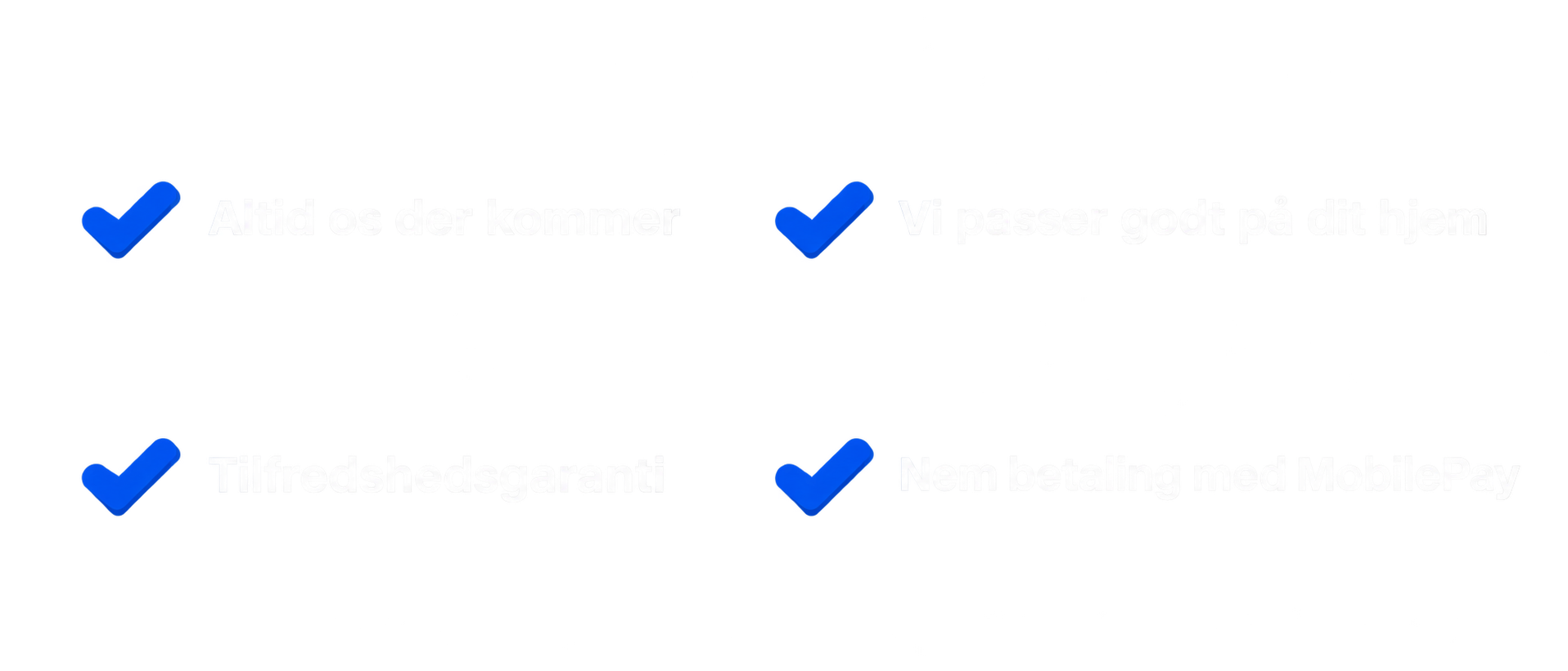 Billede med fire punkter, hver med blå flueben og tekst: 'Altid os der kommer', 'Vi passer godt på dit hjem', 'Tilfredshedsgaranti' og 'Nem betaling med MobilePay'.