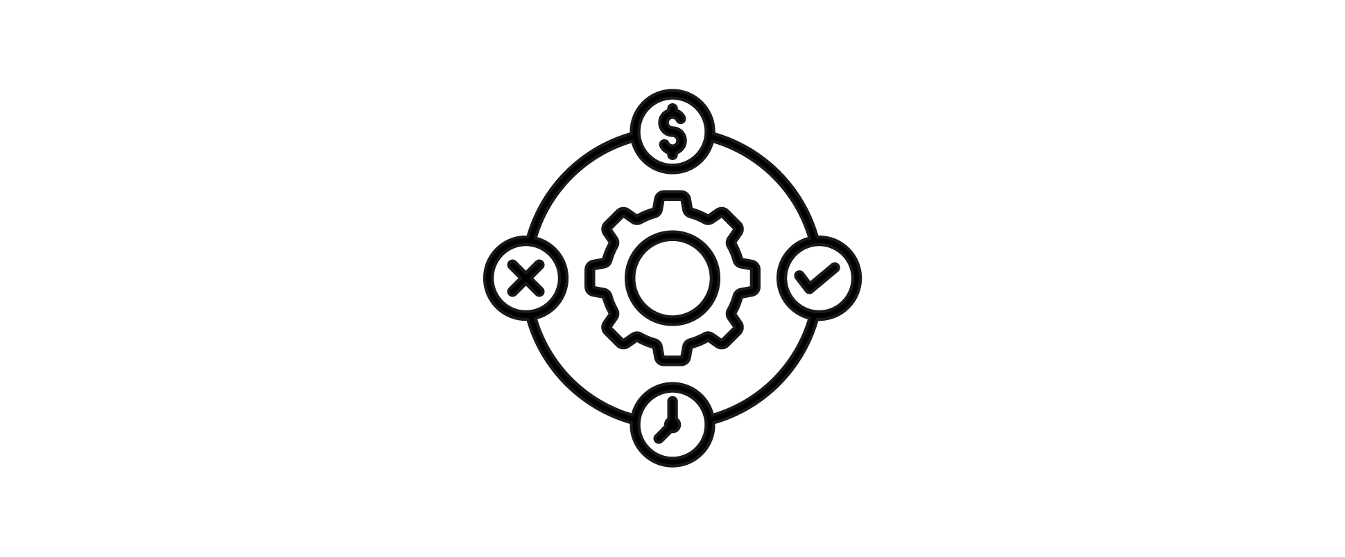 An abstract graphic with a gear in the center, surrounded by four icons representing a dollar sign, a checkmark, a clock, and an X, connected by a circular line.