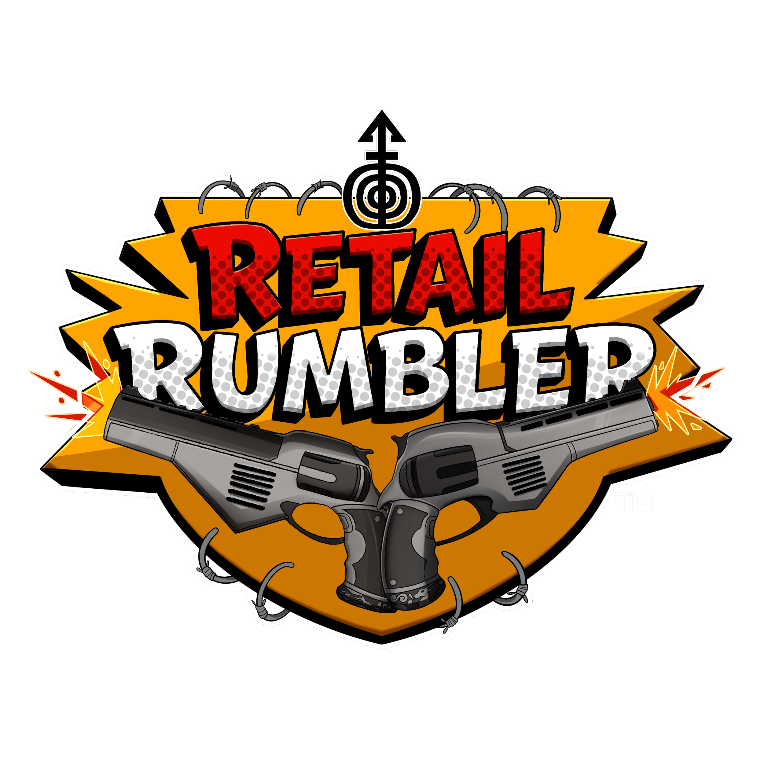 A graphic design with the words 'RETAIL REMEMBER' in bold red and black text, with two guns pointed upward and cracking the surface beneath, surrounded by explosive effects, chains, and a black background.