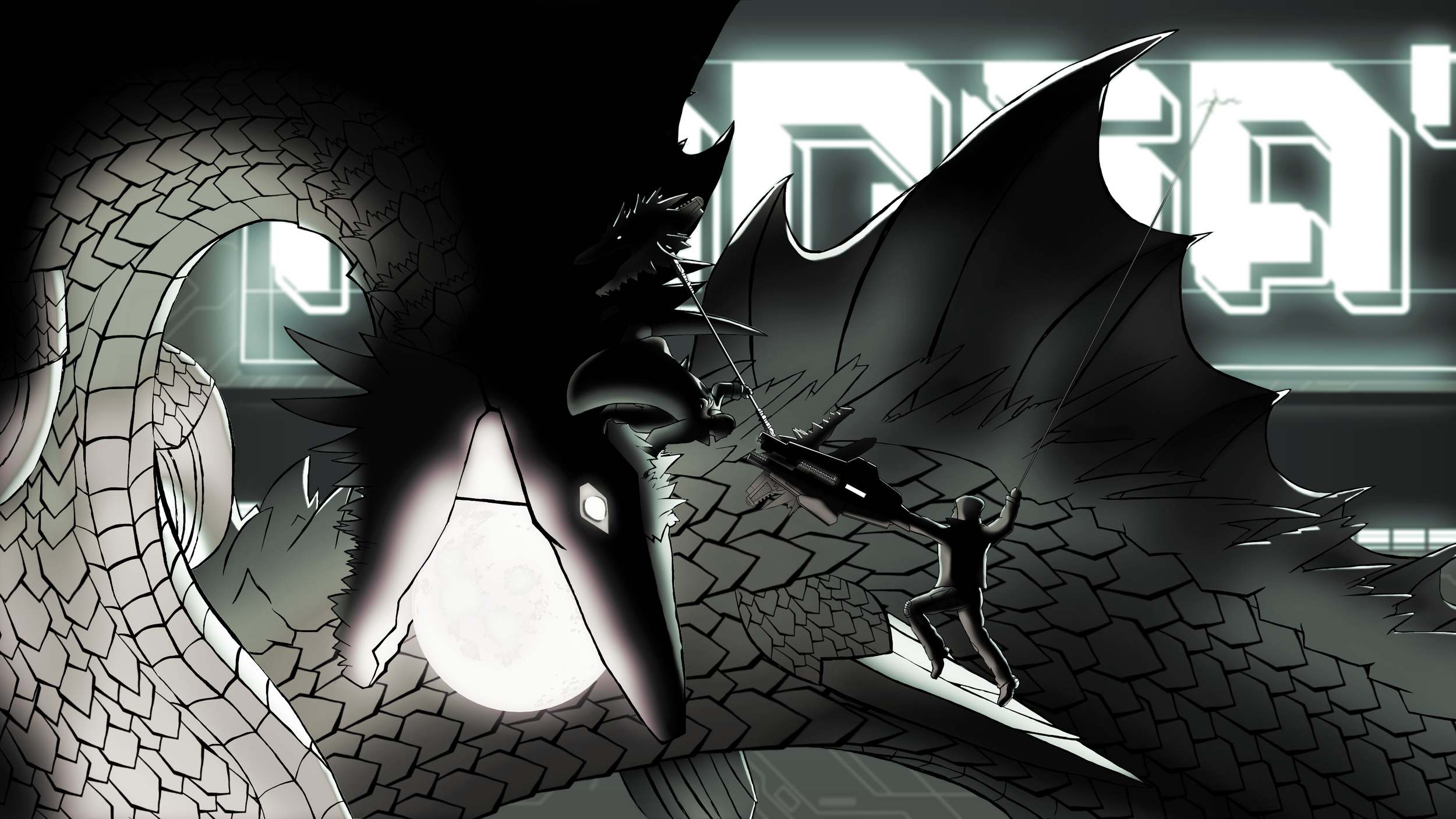 A dark, stylized digital illustration of a dragon with large wings and scales, in an urban environment with neon signs, featuring a person with a gun aiming at the dragon.