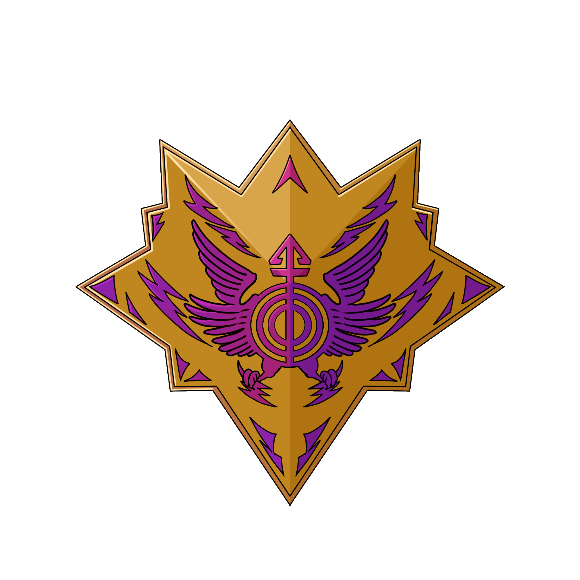 A close-up of a golden, purple, and black superhero mask with a star emblem and pointed edges.