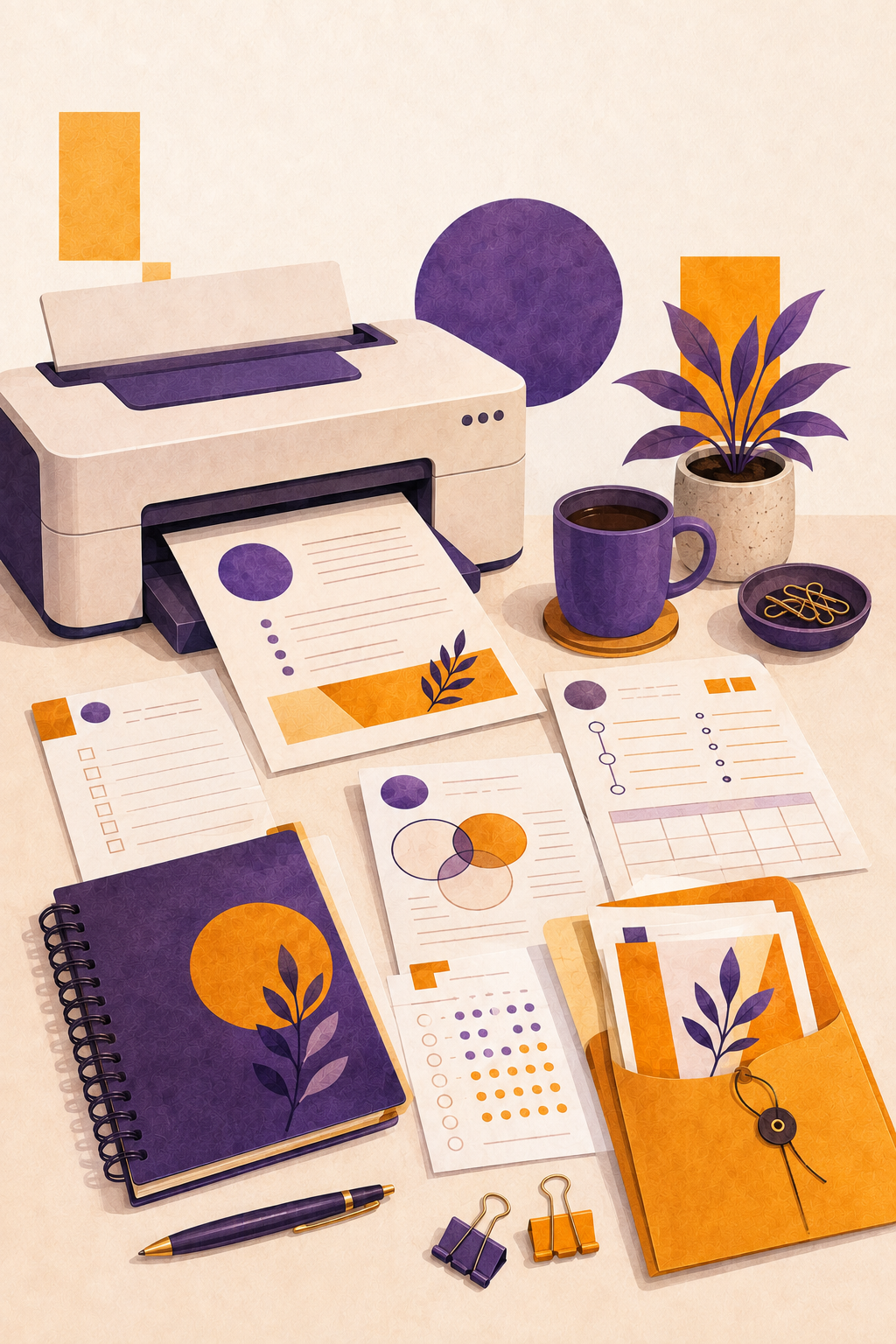 Desk with printer, documents, notebook, pen, plant, coffee mug, bowl with paper clips, and binders, in purple and orange colors.