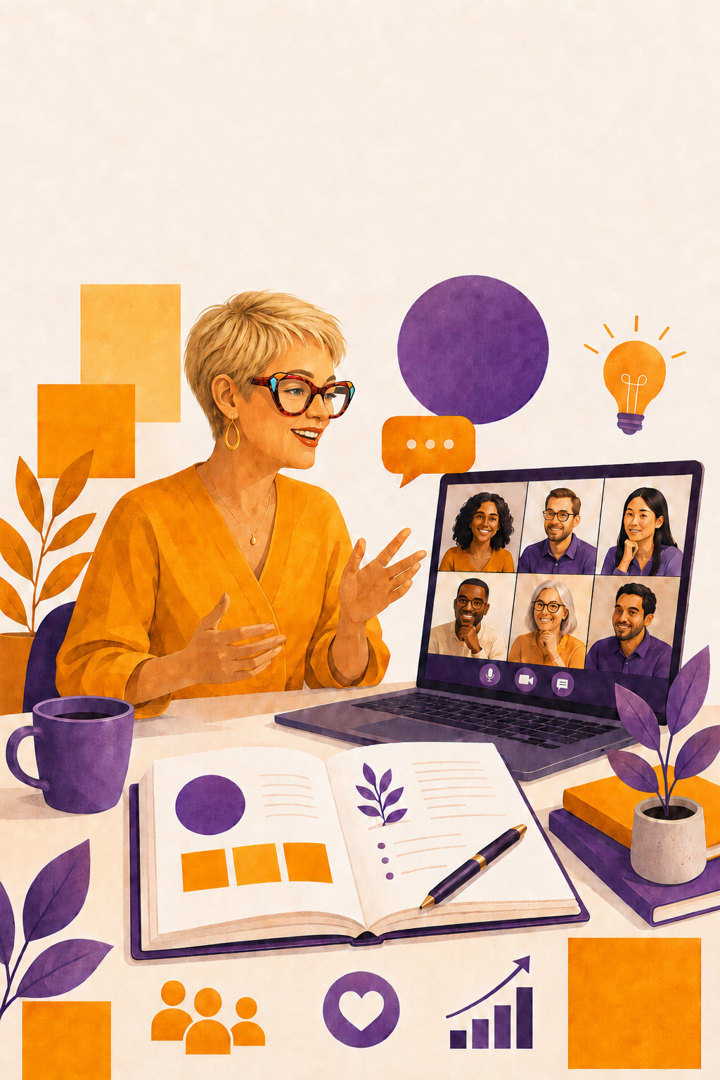 A woman with glasses and a yellow top participating in a video conference call on her laptop, with six diverse people displayed on the screen. The desk has a purple coffee mug, an open notebook with a pen, and purple plants. There are digital icons and speech bubbles around her, suggesting an online meeting or discussion.