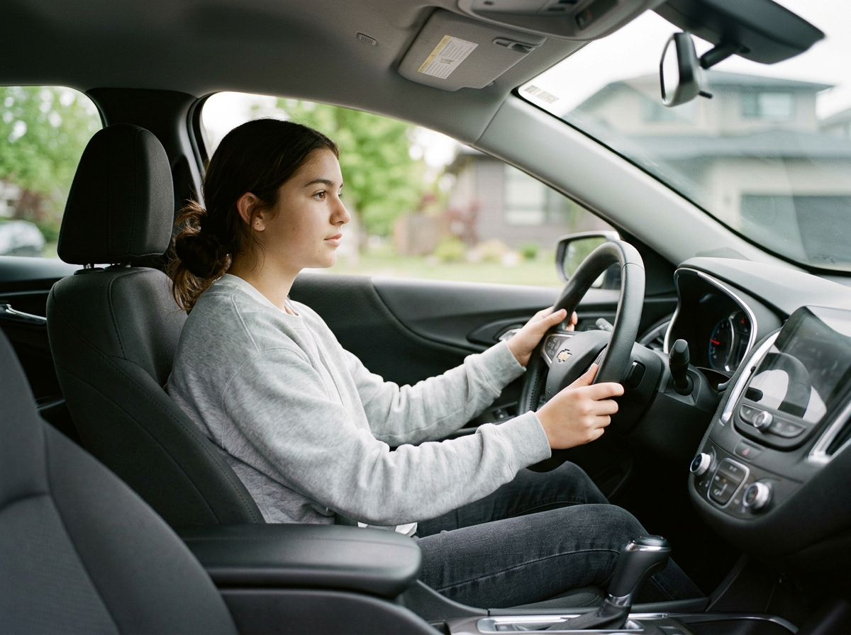 A young woman with brown hair sits in the driver's seat of a car, holding the steering wheel with both hands, looking straight ahead, in a suburban neighborhood.