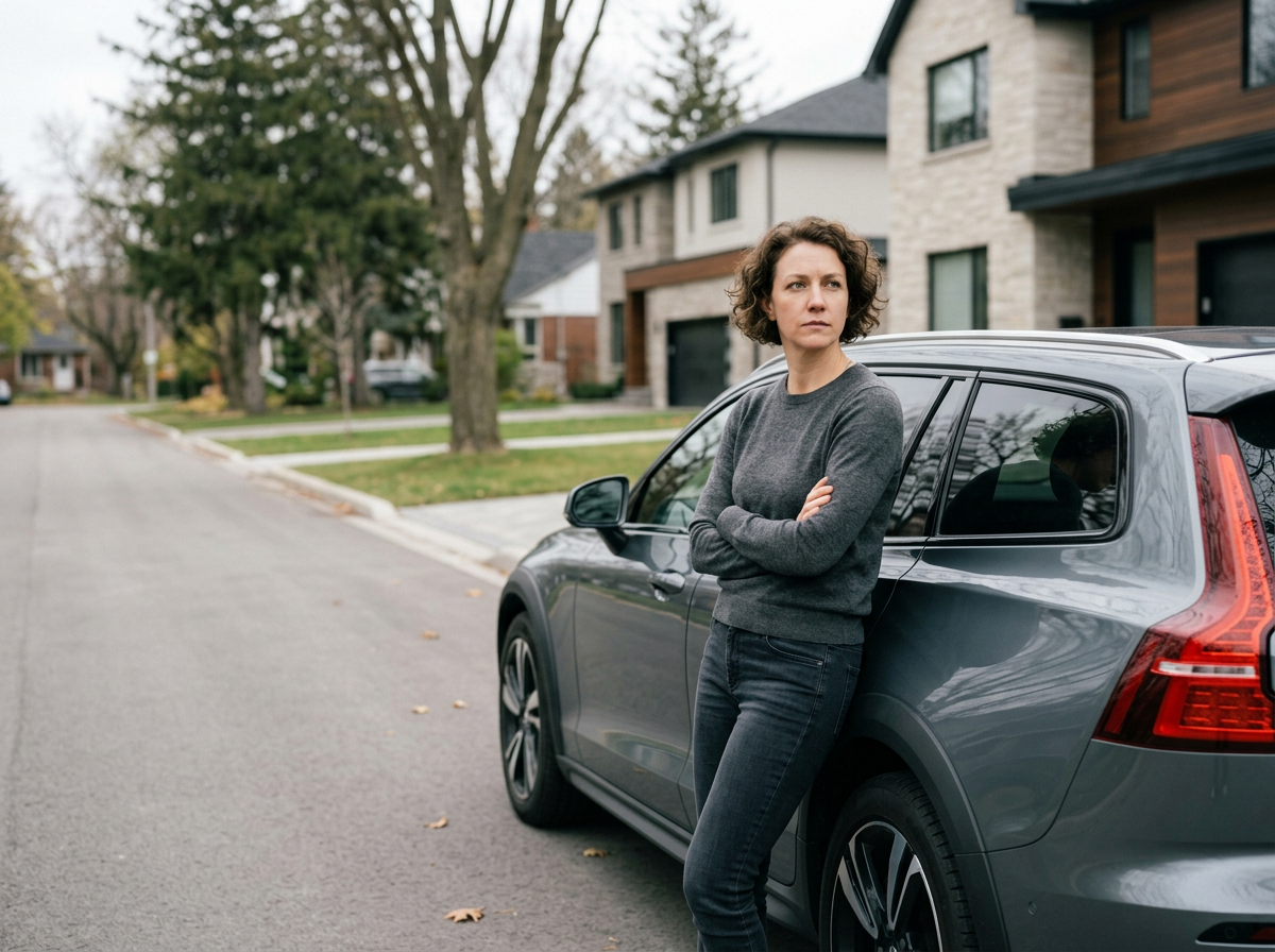 A woman standing next to a gray car on a suburban street. She has short curly brown hair and is wearing a gray sweater and dark jeans, with her arms crossed. Houses and trees are visible in the background.