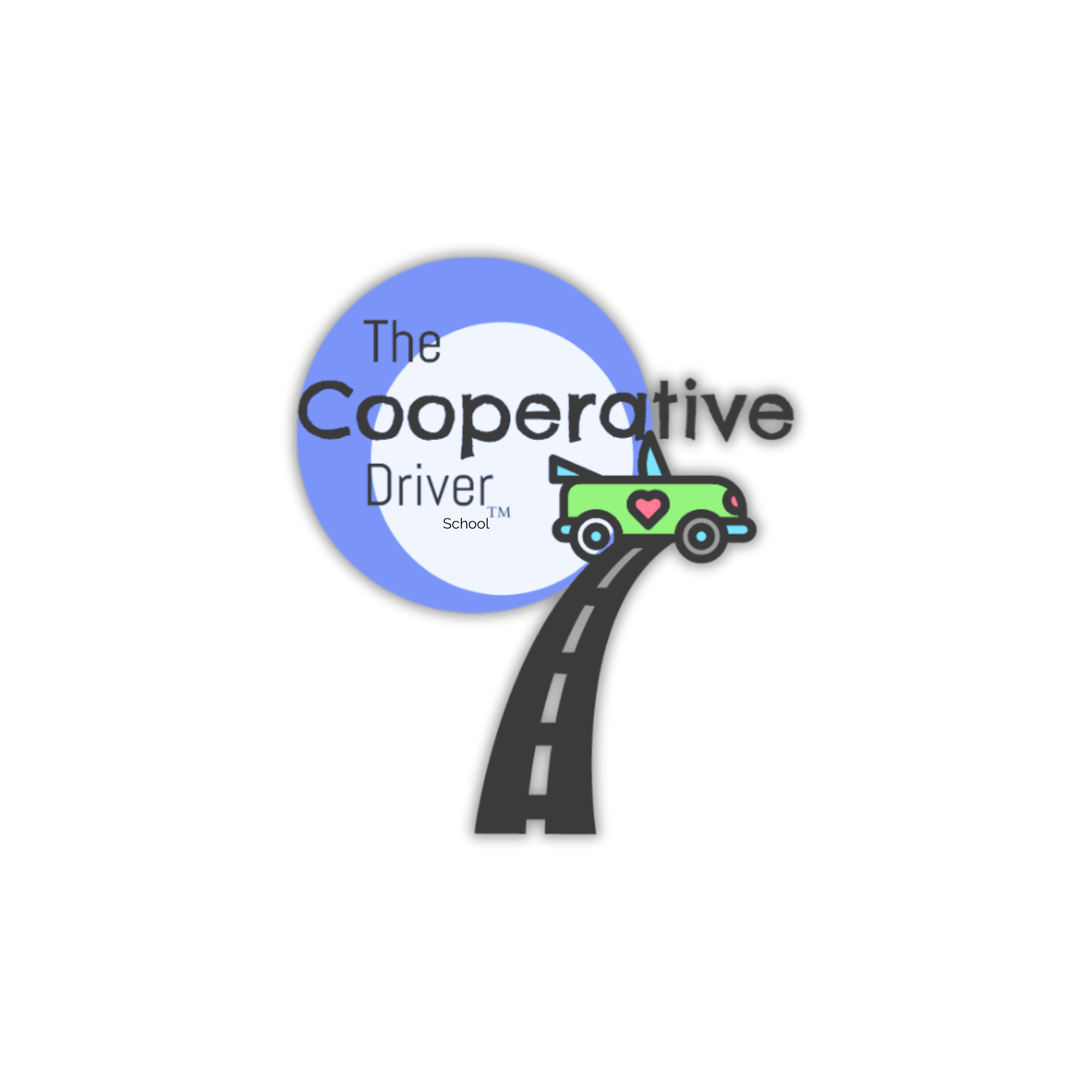 A logo with the words "The Co-op" and "Driver School" inside a blue circle, with a green car icon with a pink heart on it to the right.