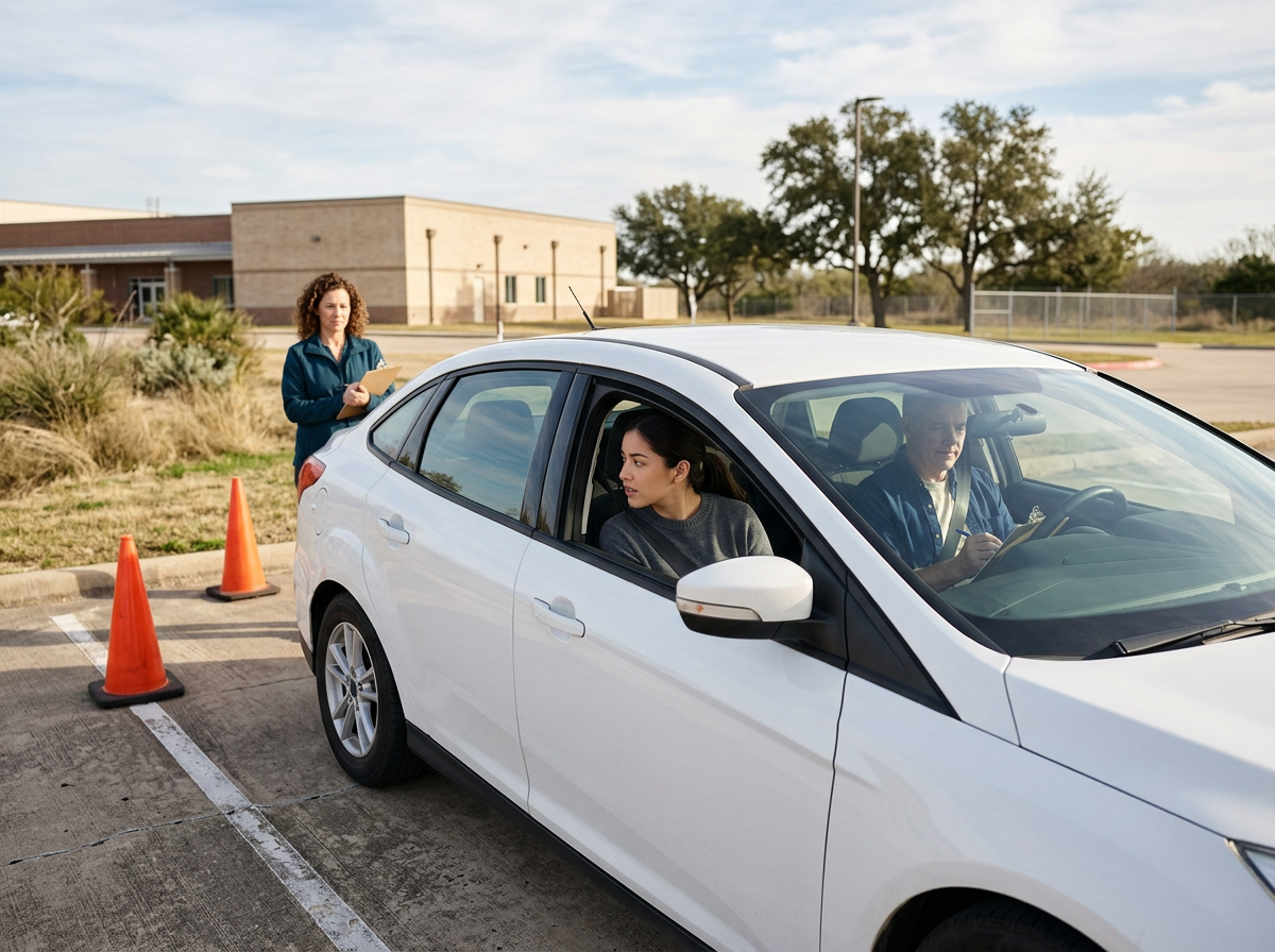 A driver and passenger in a white car at a testing or driving exam station, with a woman standing outside the car holding a clipboard, and orange cones marking the parking space, in an outdoor area with trees and a building in the background.